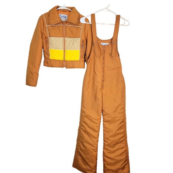 Subello Vintage 70s Ski Set Women 8 Orange Yellow Jacket Snow Bib Flare Pants M - Picture 8 of 16